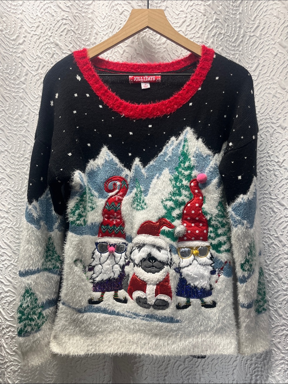 Jollidays Women's Ugly Christmas Sweater Gnomes & Santa Dog - Medium